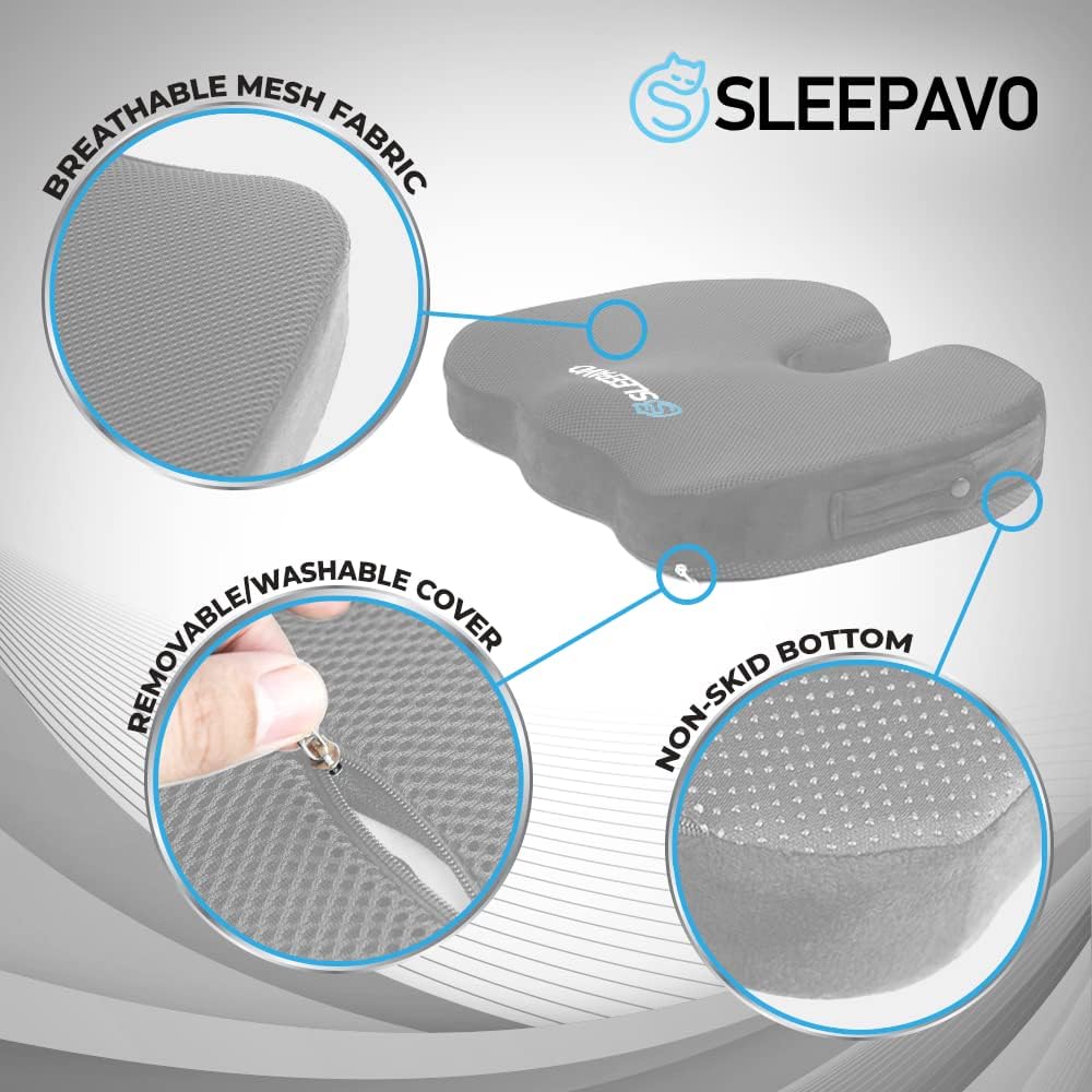 Sleepavo Pink Memory Foam Seat Cushion for Office Chair - Cooling Gel Pillow for Sciatica Coccyx Back Tailbone & Lower Back Pain Relief - Chair Pad for Lumbar Support in Office Desk, Car & Airplane - Image 4